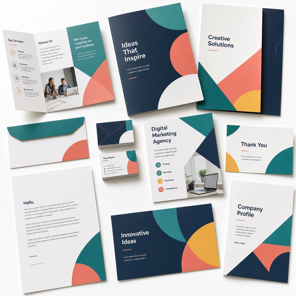 Mix de materiais gráficos impressos: cartões de visita, folders, envelopes e catálogos - gráfica digital em São Caetano do Sul