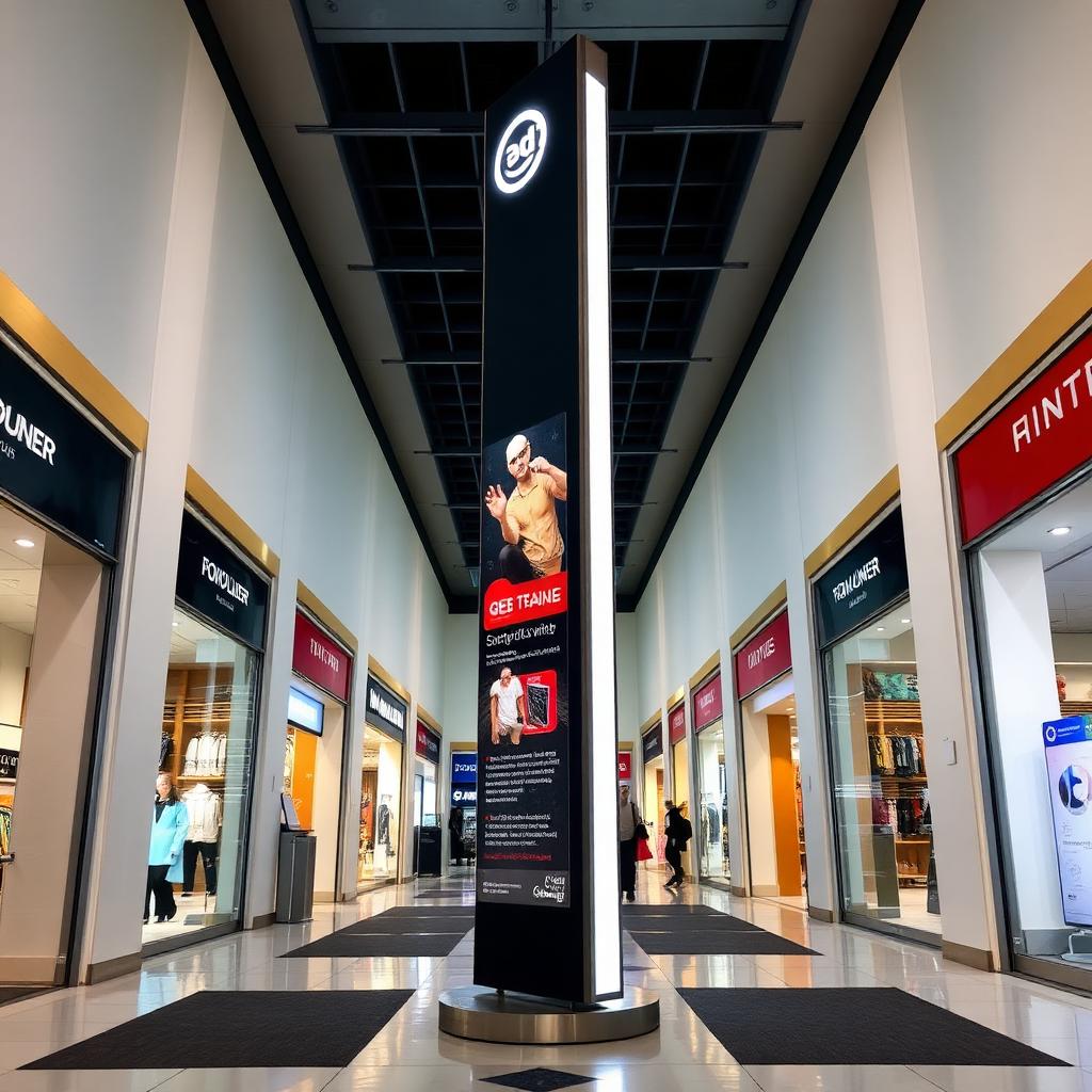 Totem publicitário iluminado em corredor de shopping