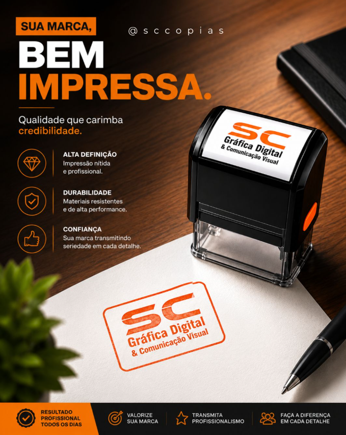 Carimbo automático personalizado SC Cópias sobre mesa de madeira