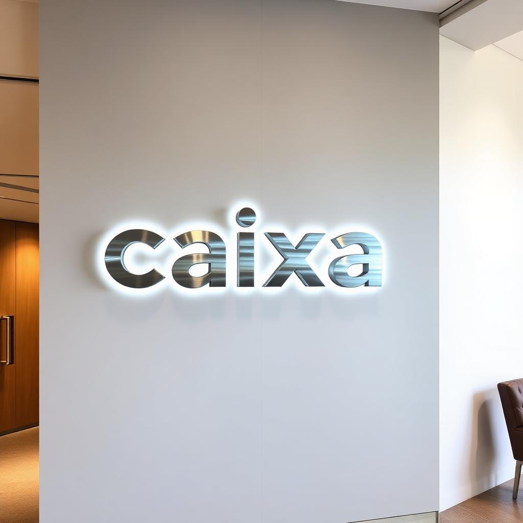Letras caixa iluminadas em parede de recepção corporativa