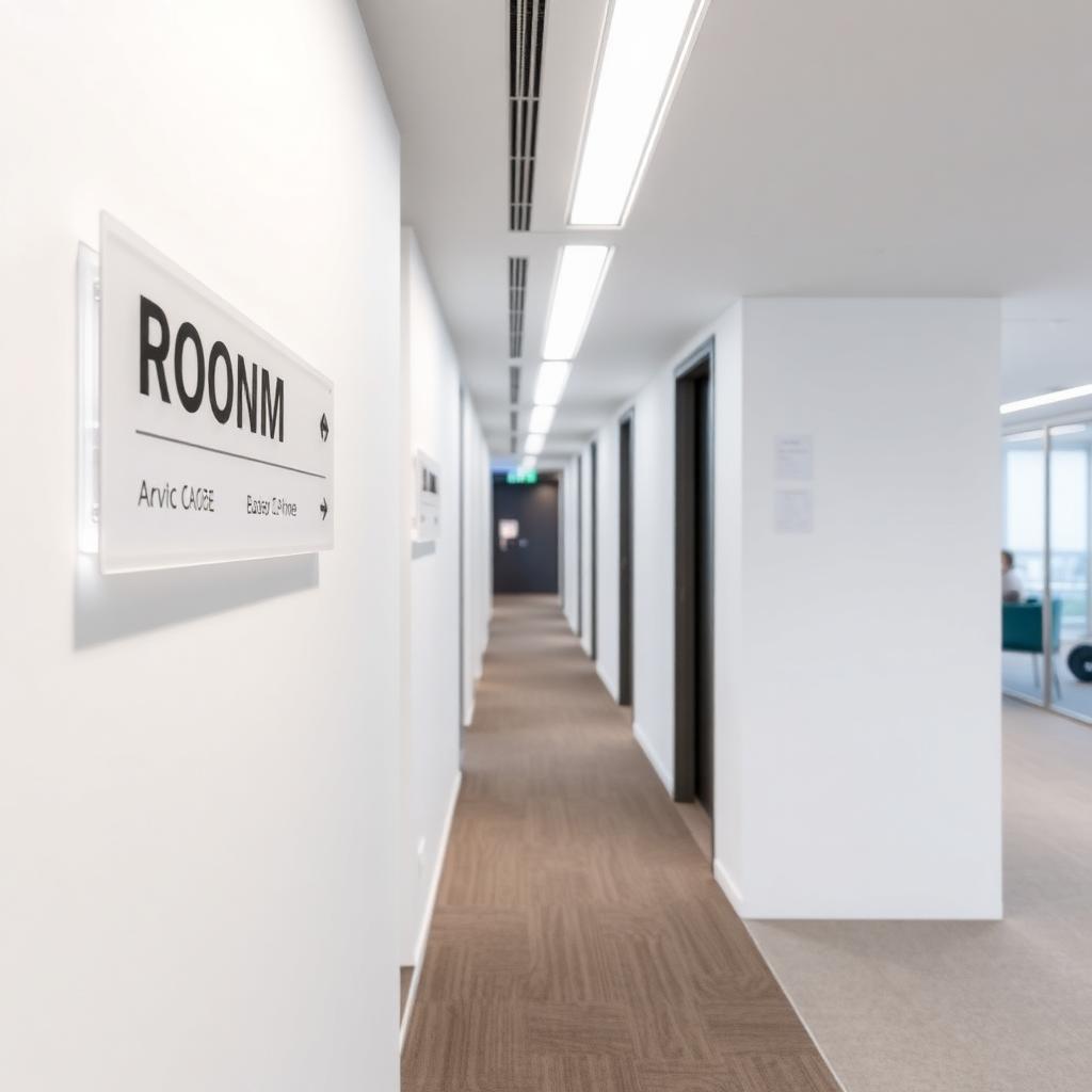 Placas de sinalização interna em corredor corporativo